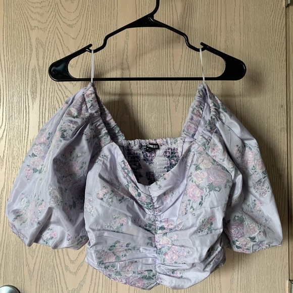 Express Floral Puff Sleeve Ruched Cropped Top - Picture 2 of 5